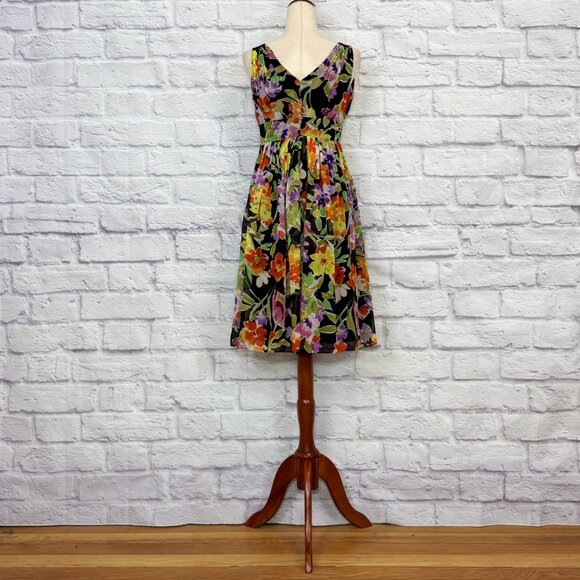 Eliza J Black Silk Chiffon Floral Pleated Knee-Length Dress - Picture 2 of 6